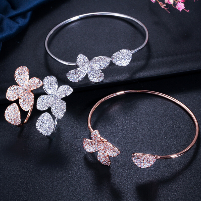 Rose Gold Plated Flower Cuff Bangle Bracelet and Ring Women CZ Party Jewelry Set