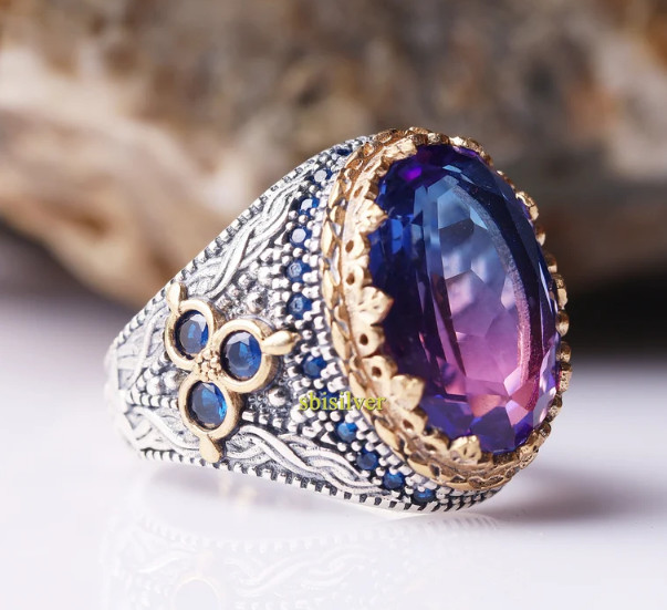 Purple Tourmaline Sapphire Ring: Turkish Handmade 925 Sterling Silver Men’s Ring