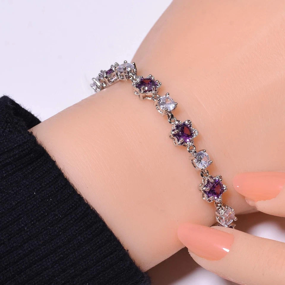 10 Ct Round Simulated Amethyst Women Tennis Bracelet 925 White Sterling Silver