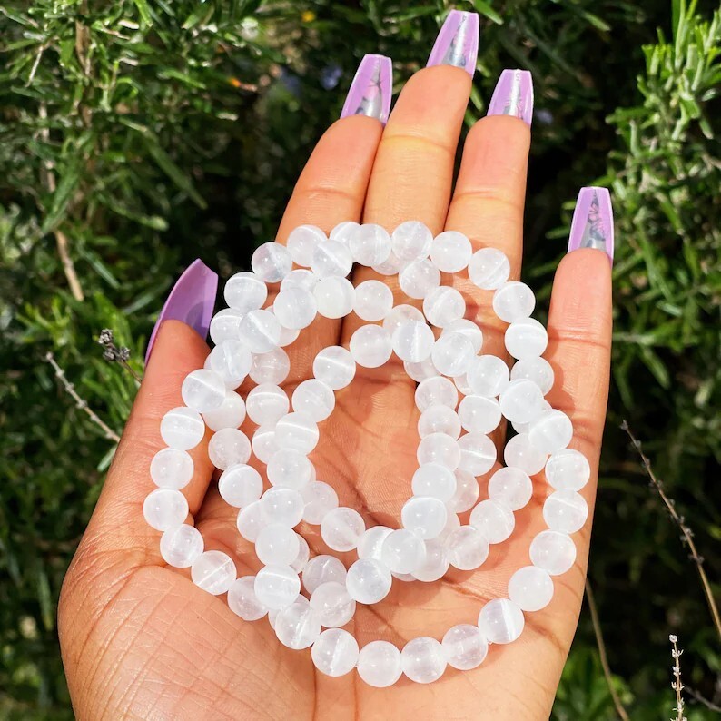 Handmade Natural Selenite Elastic Stretch Bracelet – 8mm Round Gemstone Bead