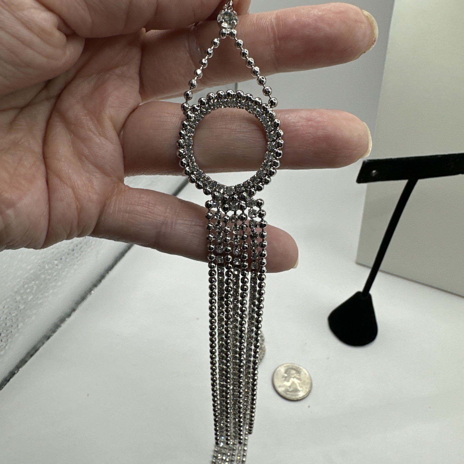 Exceptional Super Long! Rhinestone Dangle Pierced Earrings 7”