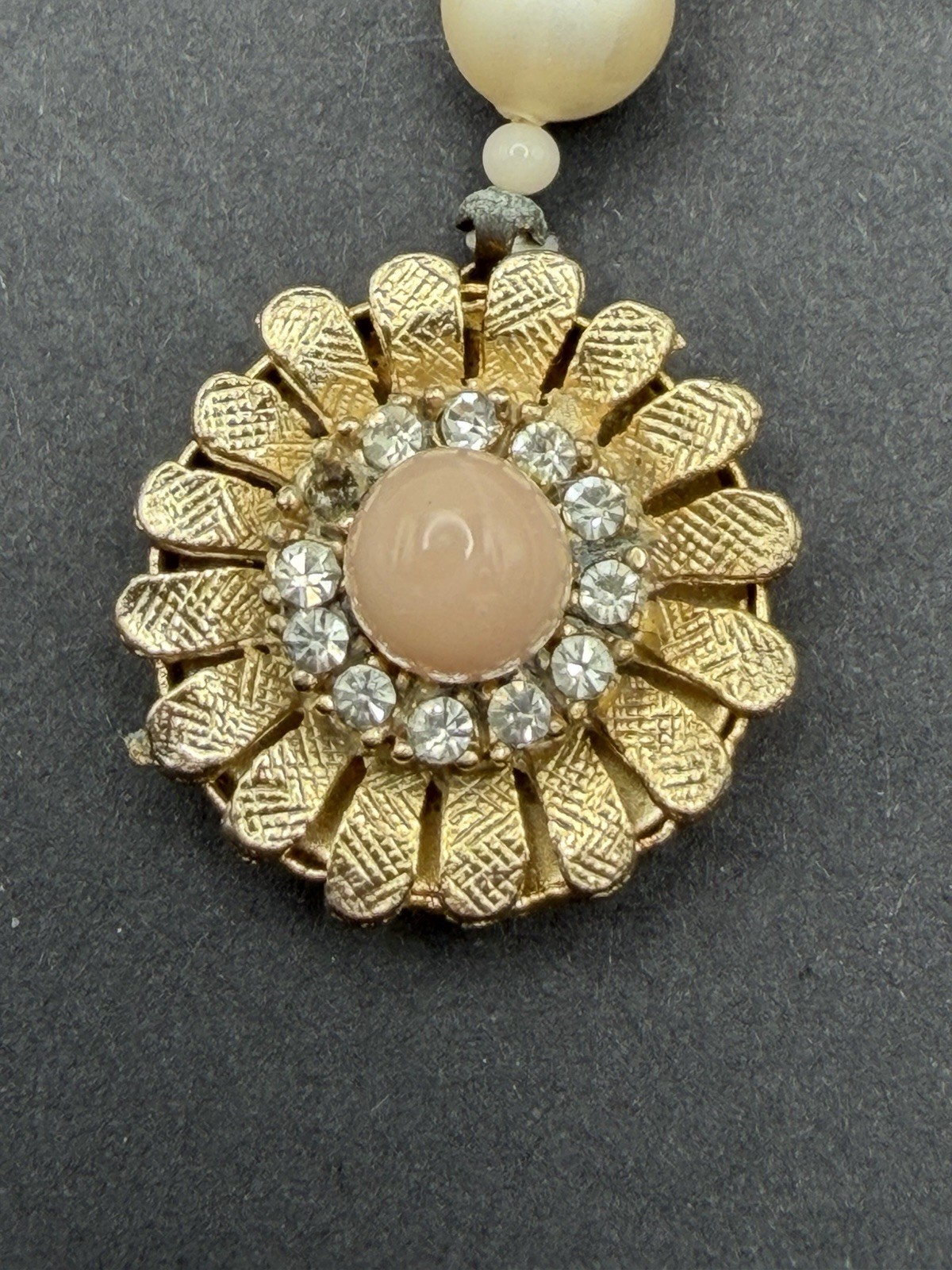 Pink Marbled Beaded Necklace Rhinestone Flower Box Clasp 19″ Japan Vintage