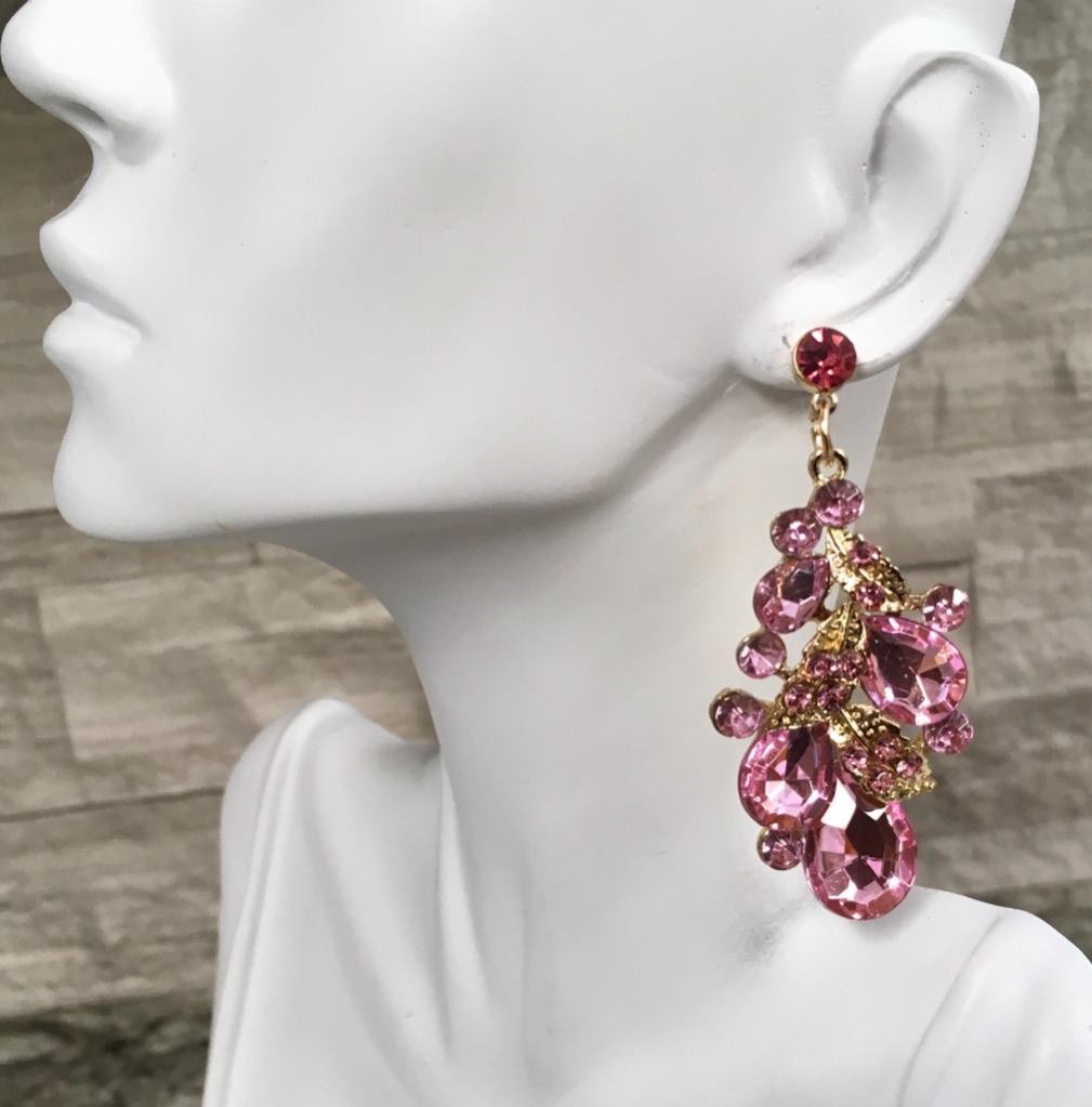 Waterfall Necklace Set Pink crystal Rhinestone Bib cluster Statement Earrings vt