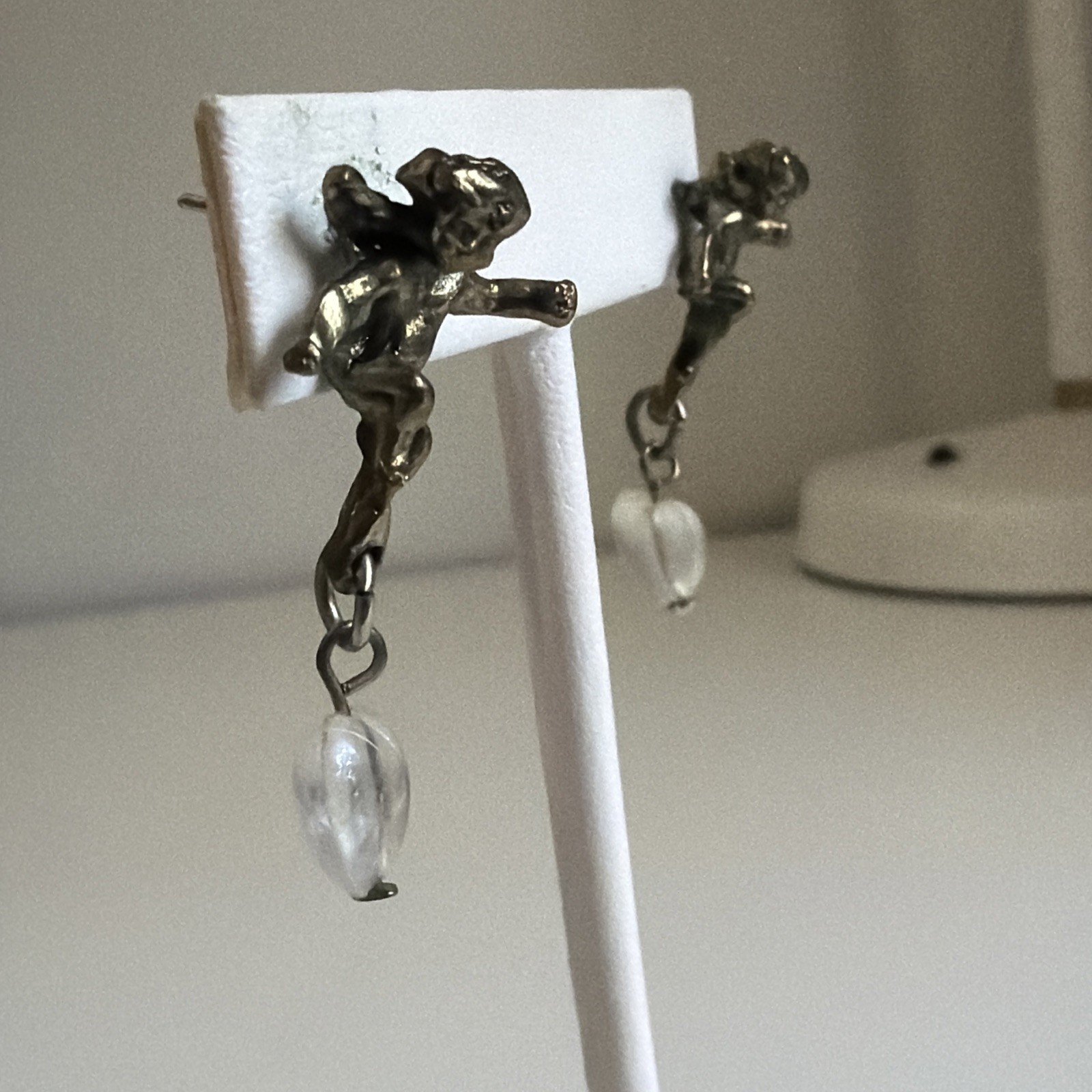 Vintage Cupid Cherub Valentines Day Gold Metal Plastic Heart Earrings Jewelry
