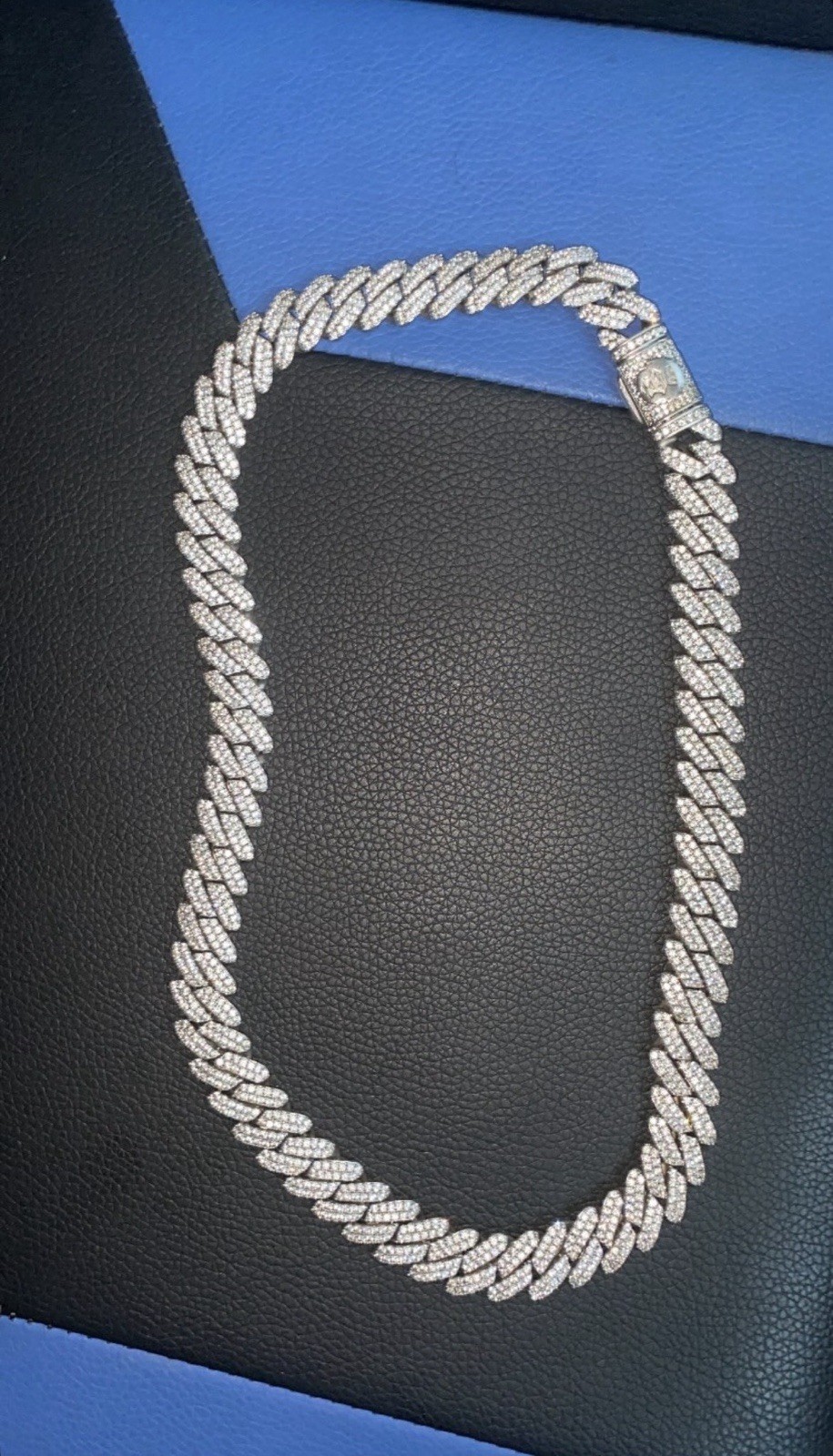 Silver Tone Cuban Link Chain Necklace w/ Pavé Round Rhinestones Box Clasp