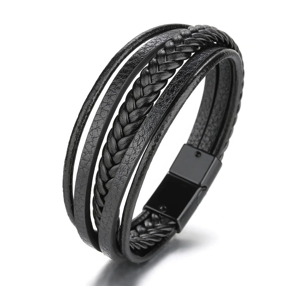 Men Jewelry Black Braided Leather Bracelet Multi-Layer Stainless Steel Clasp A