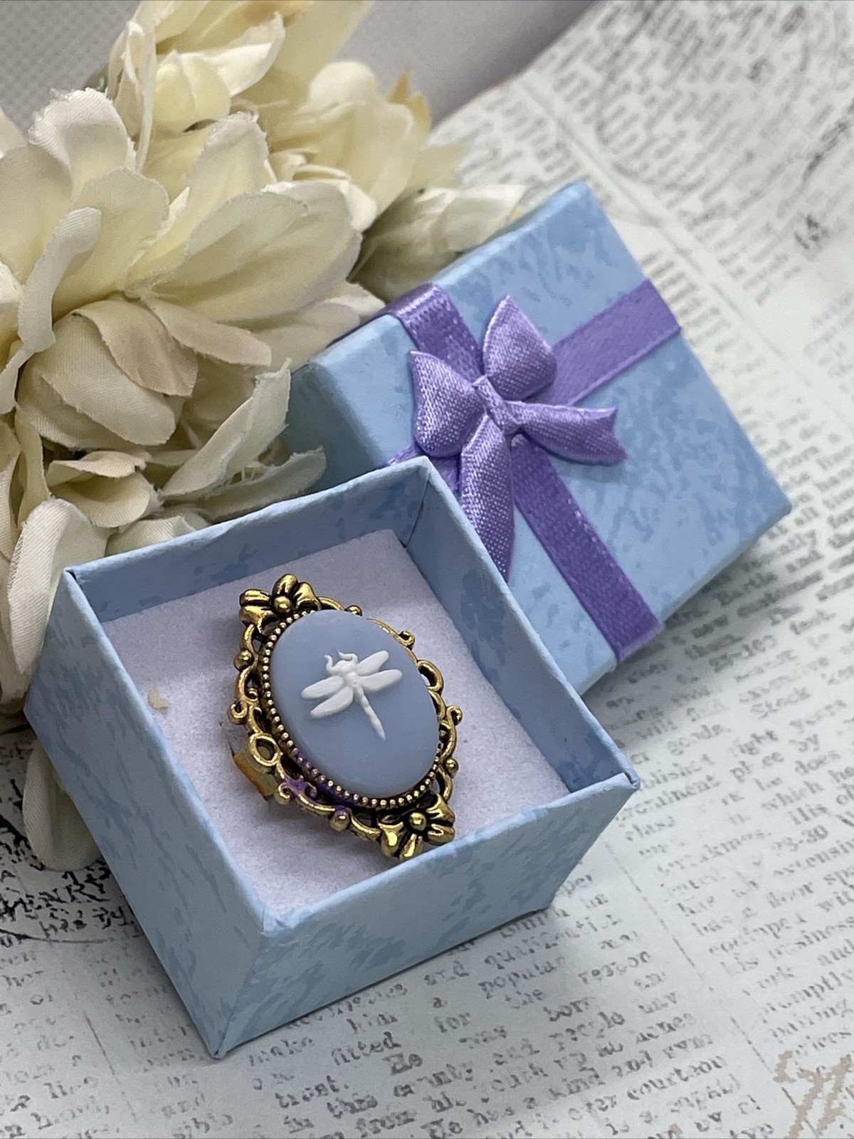 gold Dragonfly Blue White Cameo Nature Renaissance Gift Ring Adjustable Festival