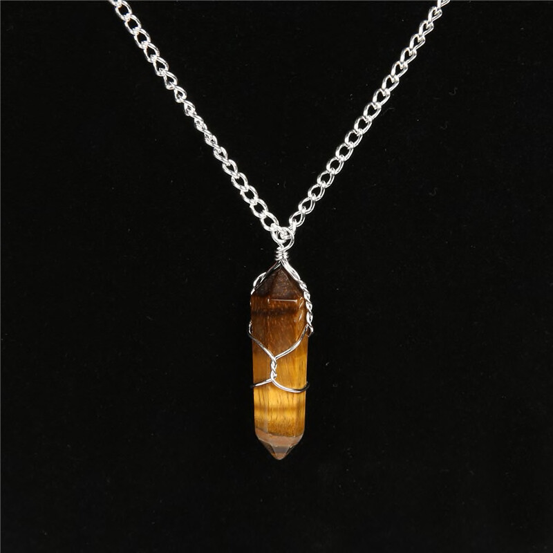 Wire Wrapped Tiger Eye Point Pendant Chakra Crystal Pendant Silver Wrap Necklace