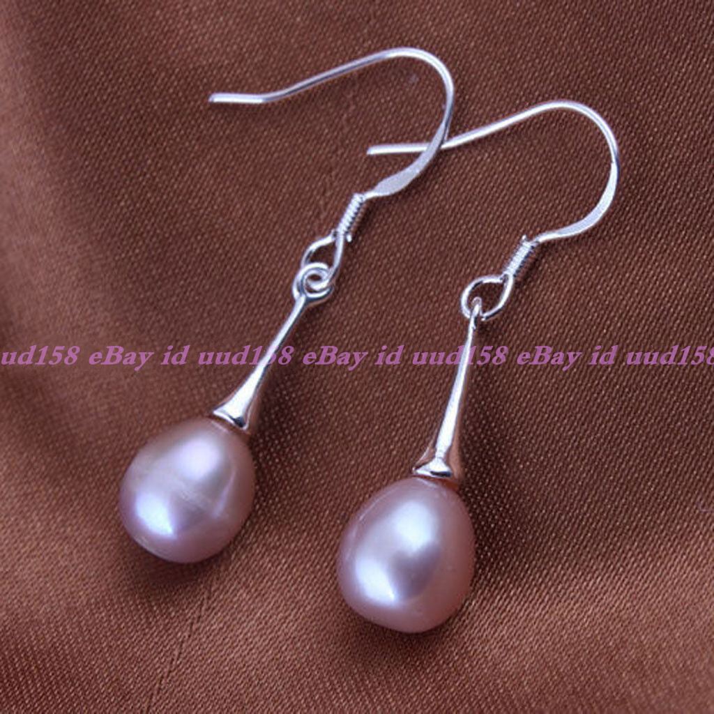 8-9mm White Pink Purple Natural Freshwater Pearl Dangle Silver Hook Earrings
