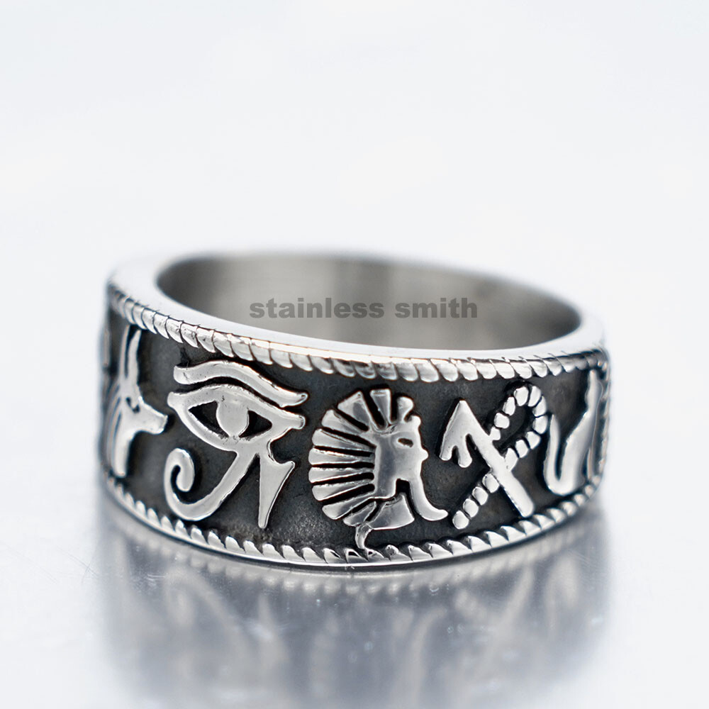 Mens Womens Egyptian Eye of Horus Anubis Pharaoh Ankh Scarab Band Ring Size 6-15