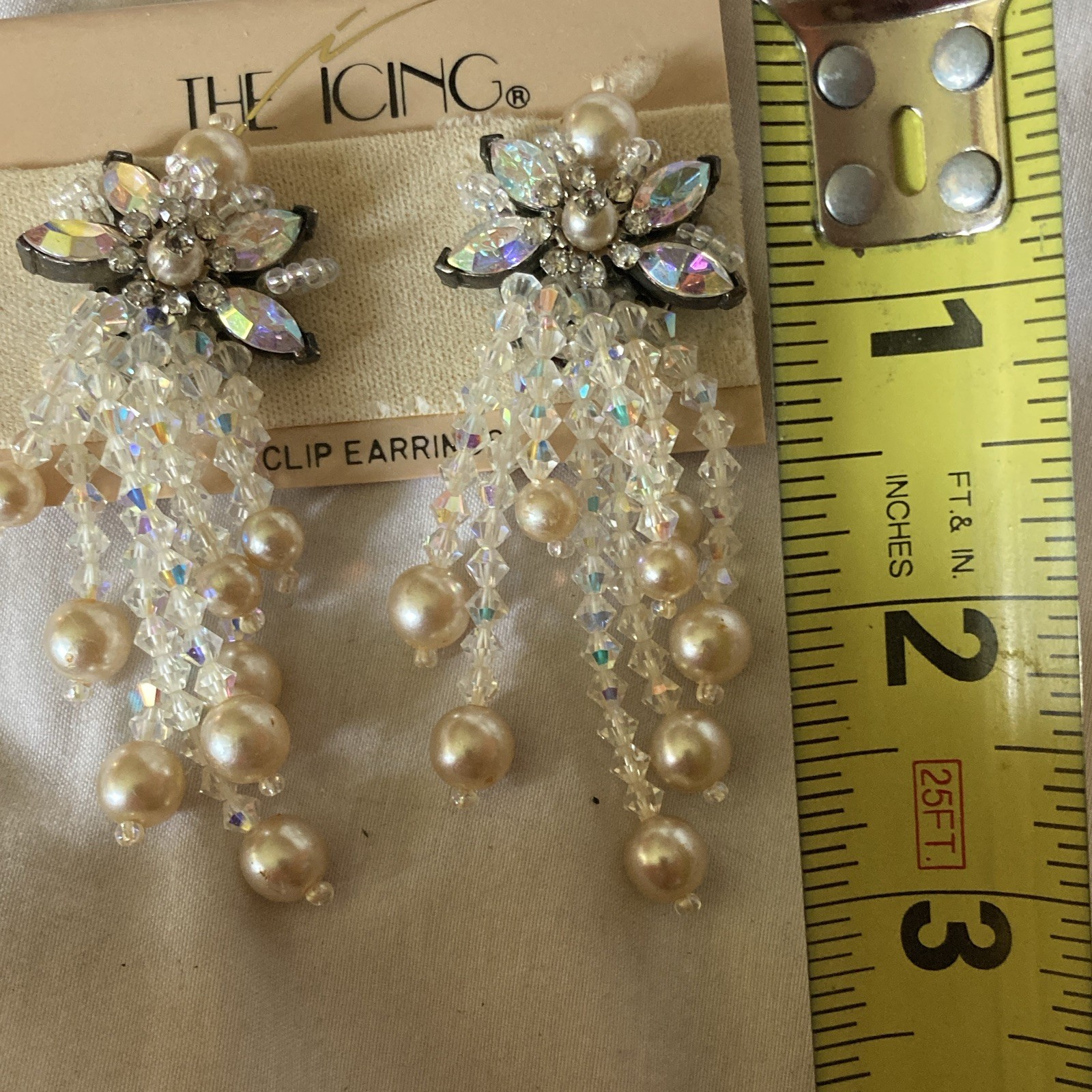The Icing Crystal Rhinestone Faux Pearl Flower Cluster Clip-On Dangle Earrings