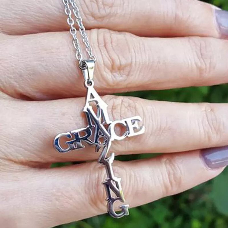 Stainless Steel Amazing Grace Cross Necklace – Silver, Christian Faith, Church