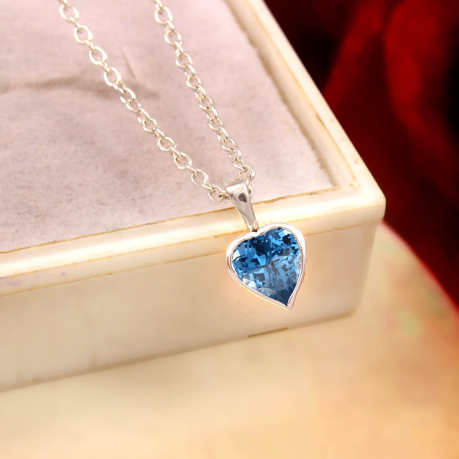 Aquamarine Necklace, Sterling Silver Pendant, Heart Cut 6×6 MM Valentine Gift