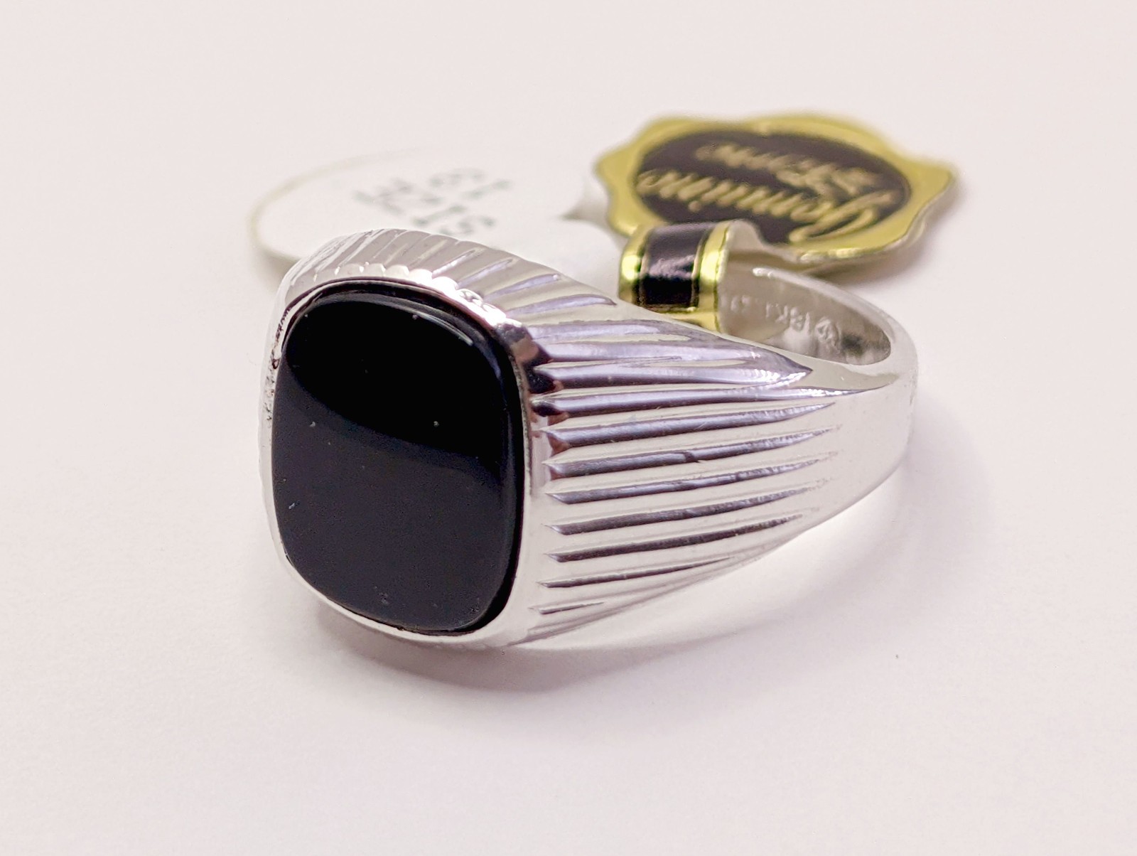 Brand New w/Tags 18K HGE White Gold Onyx Shield Unisex Signet Ring – Sz 13