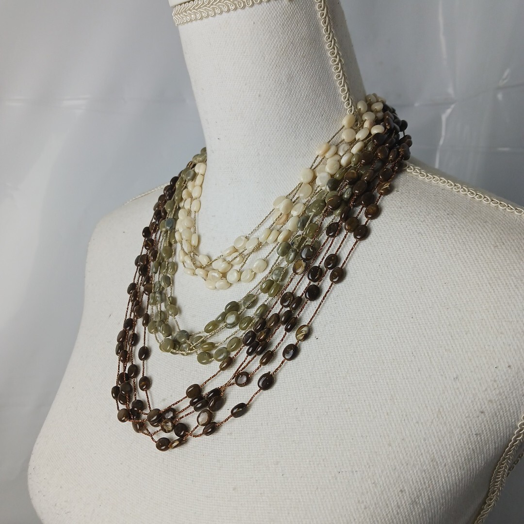 Layered Statement Necklace Multi Ivory Green Earth Tone Beaded Boho Wear To Work