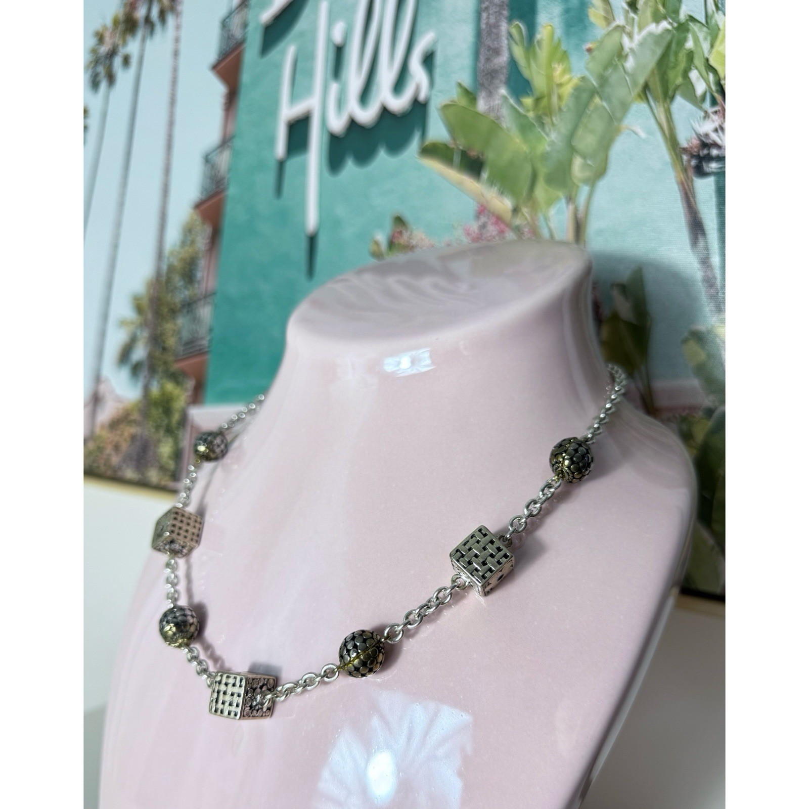 Vintage Silver Geometric Textured Cube & Sphere Bead Charm Necklace 10″ Long