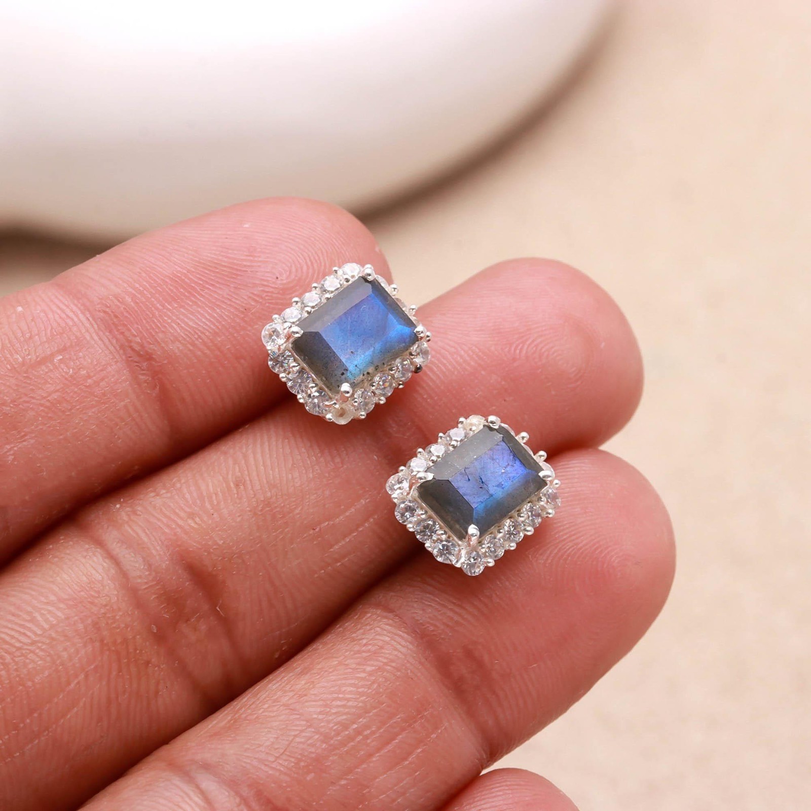 Natural Labradorite Octagon Stud Earrings 925 Sterling Silver Moissanite Jewelry