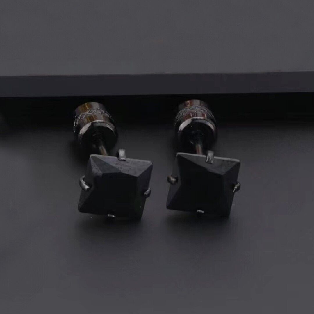 Black Square Cubic Zirconia Ear Stud Earrings Surgical Steel Jewelry Men Women