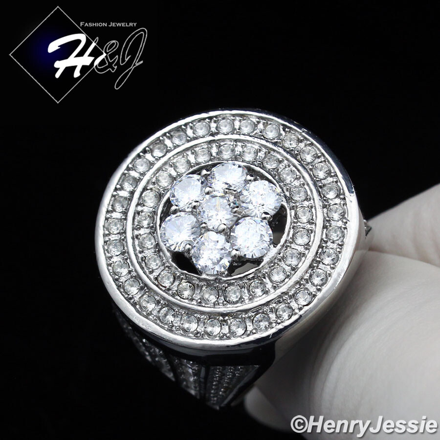 MEN Stainless Steel ICY Bling Cubic Zirconia Silver Round Ring Size 8-13*R140