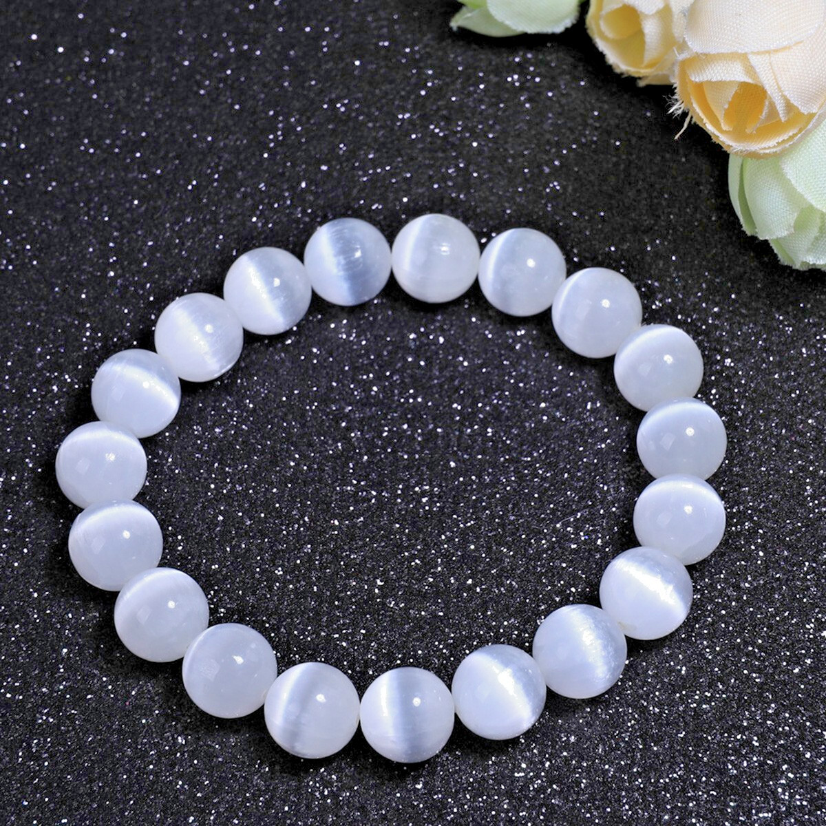 Handmade Natural Selenite Elastic Stretch Bracelet – 8mm Round Gemstone Bead