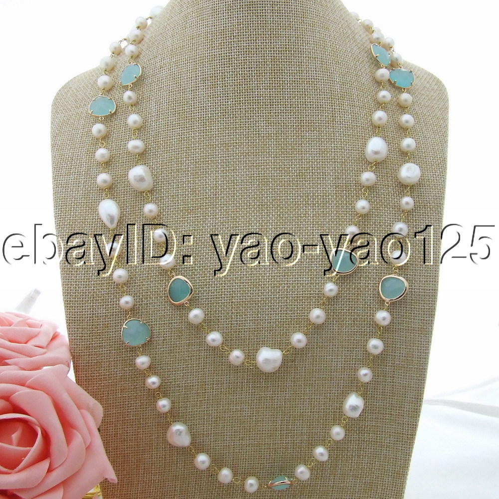 S122901 44″ 15mm White Baroque Keshi Pearl Blue Crystal Necklace