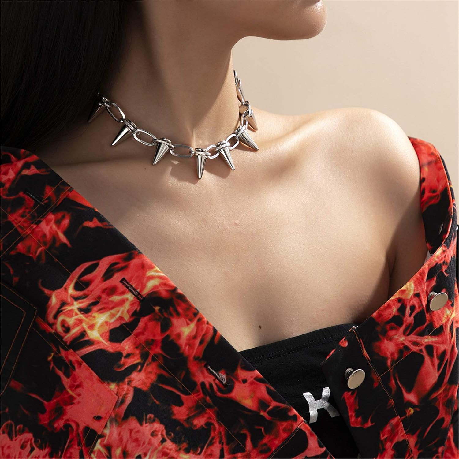 Punk Rivet Chokers Spike Plated Chain Necklace Gothic Pu Leather Key Lock Charms