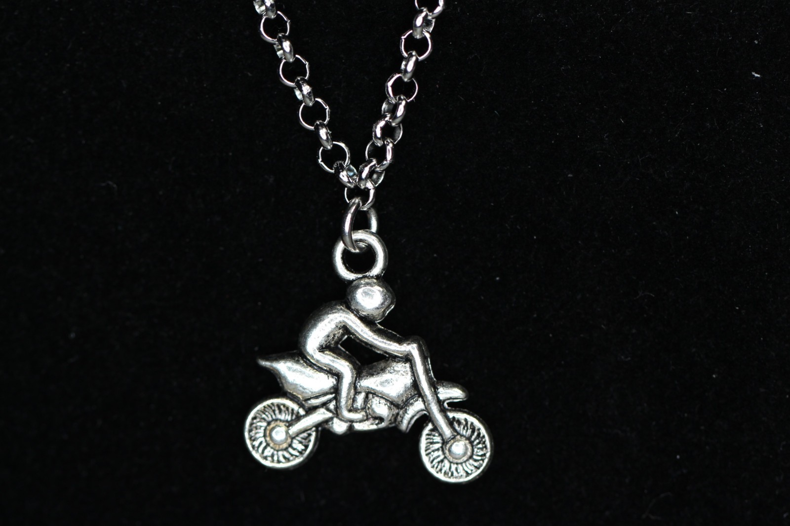 Dirt Bike Necklace Silver Pewter Charm 1″ Pendant 3mm Stainless Chain 18″ Biker