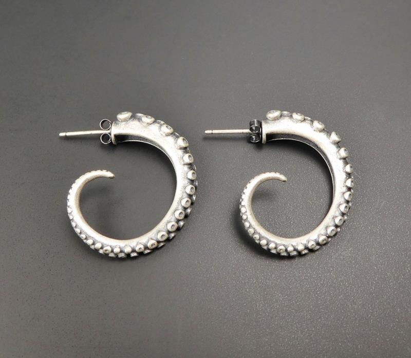 Unique Gothic Handmade 925 Sterling Silver Octopus Tentacle Punk Hoop Earrings