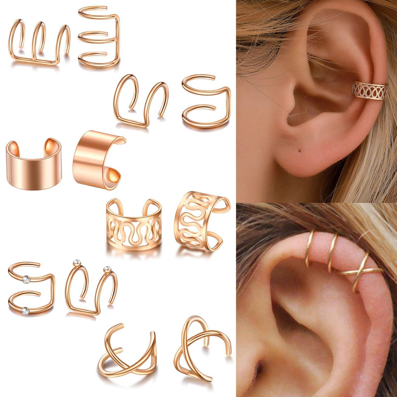12PCS Ear Clip Cuff Wrap Fake Earring Stud Hoop Non Piercing Cartilage Helix Set