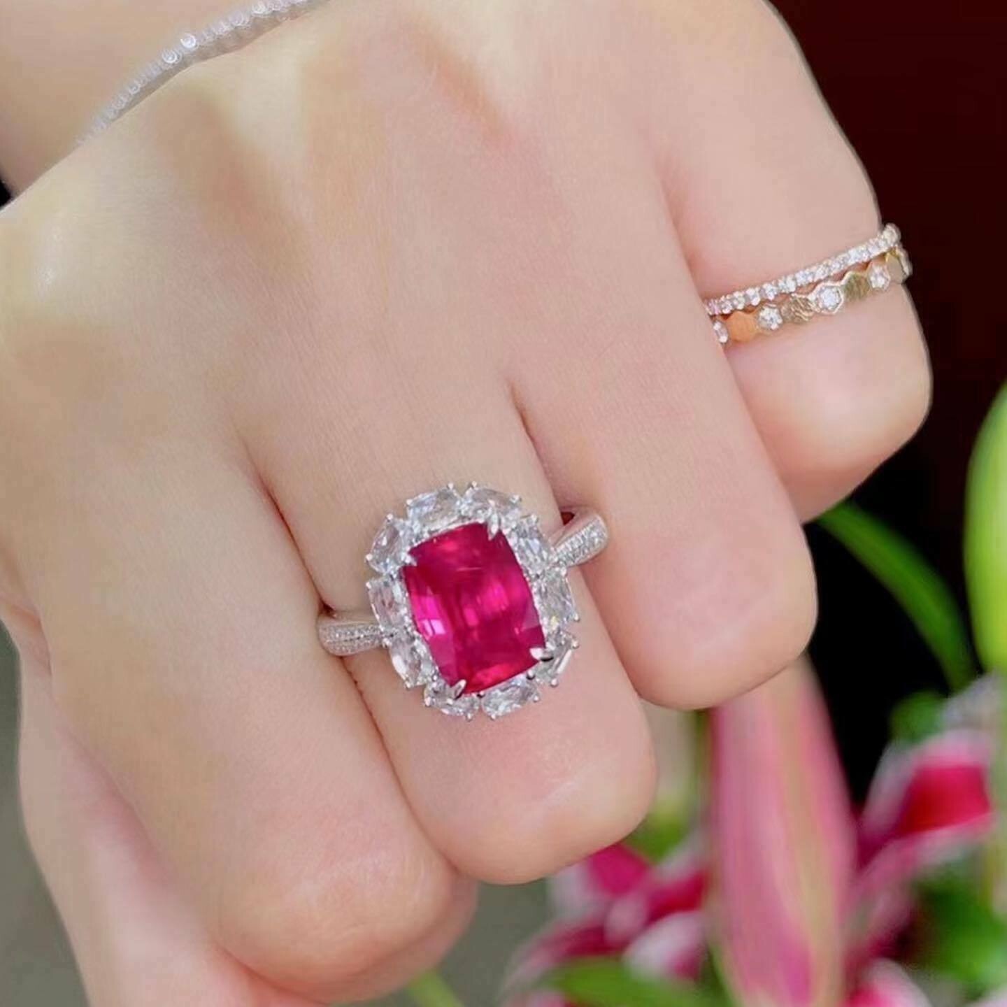 3.34Ct Cushion Simulated Ruby Women’s Wedding Ring 14k White Gold Plated Silver