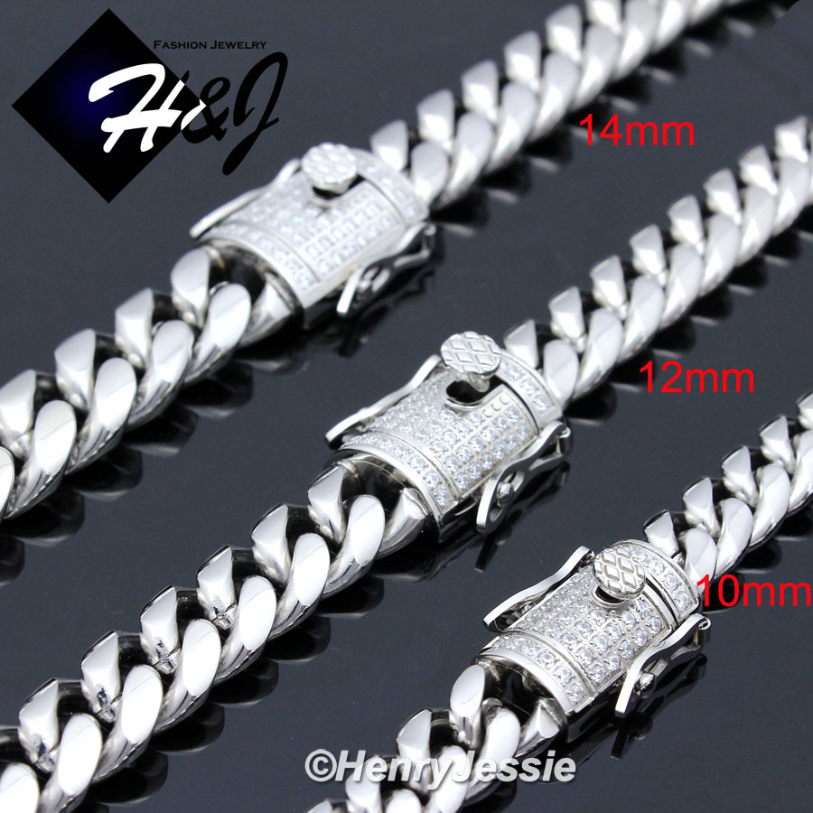 18″-40″MEN Stainless Steel 10/12/14mm Silver Bling CZ Cuban Curb Necklace*N158