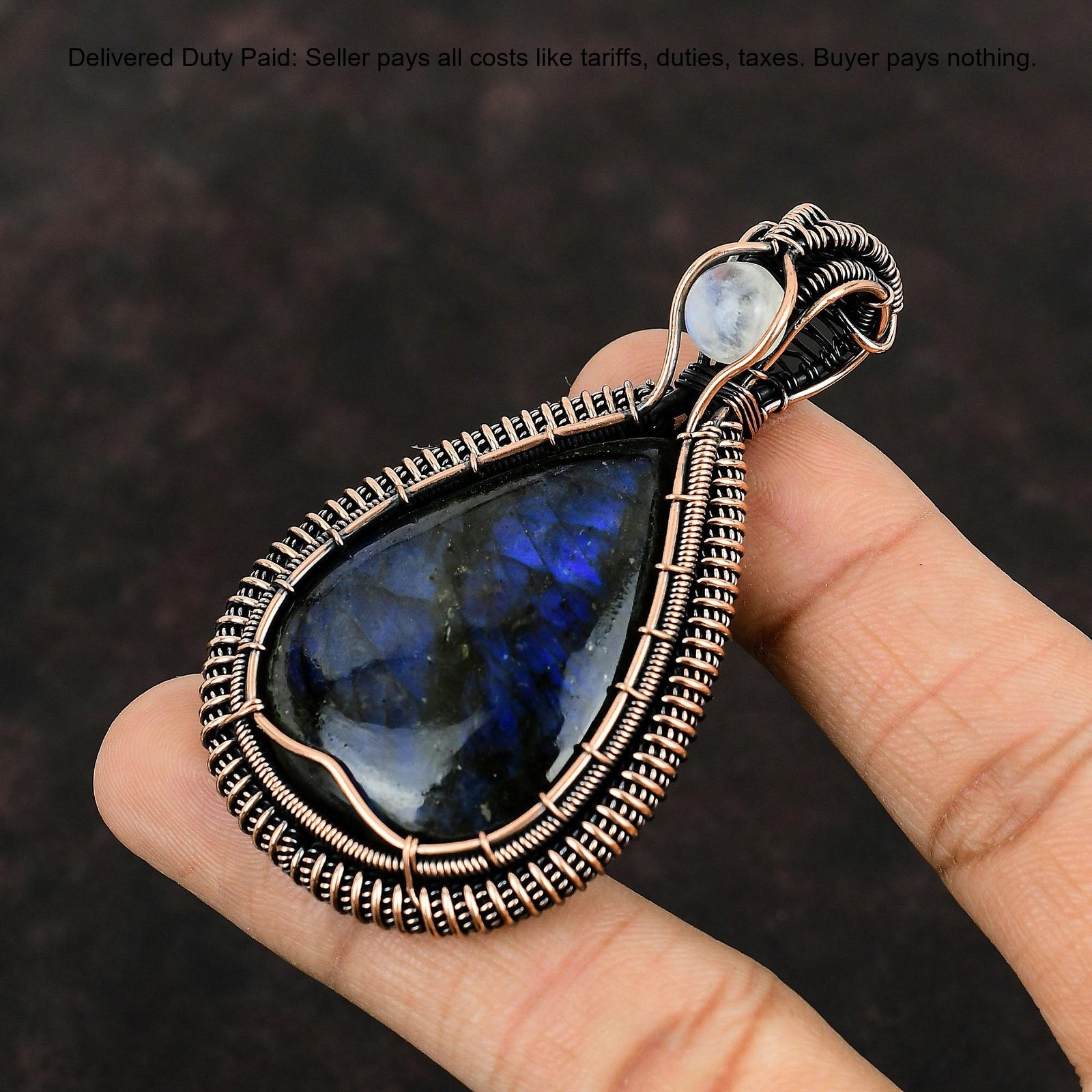 Copper Natural Labradorite Rainbow Moonstone Wire Wrapped Boho Pendant Jewelry
