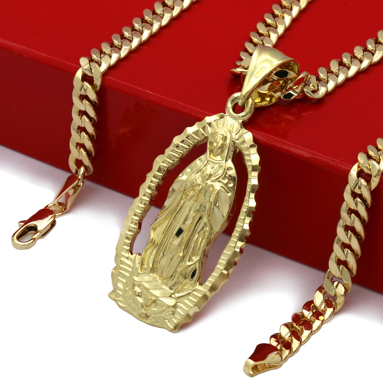 Mens 18k Gold Plated Hip Hop HOLY MARY Pendant 5mm 24″ Cuban Necklace Chain