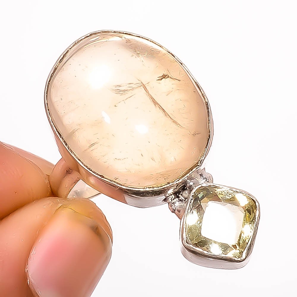 Natural Smoky Quartz & Black Tourmaline 925 Silver Plated Ring s.8.5 TR8-2114