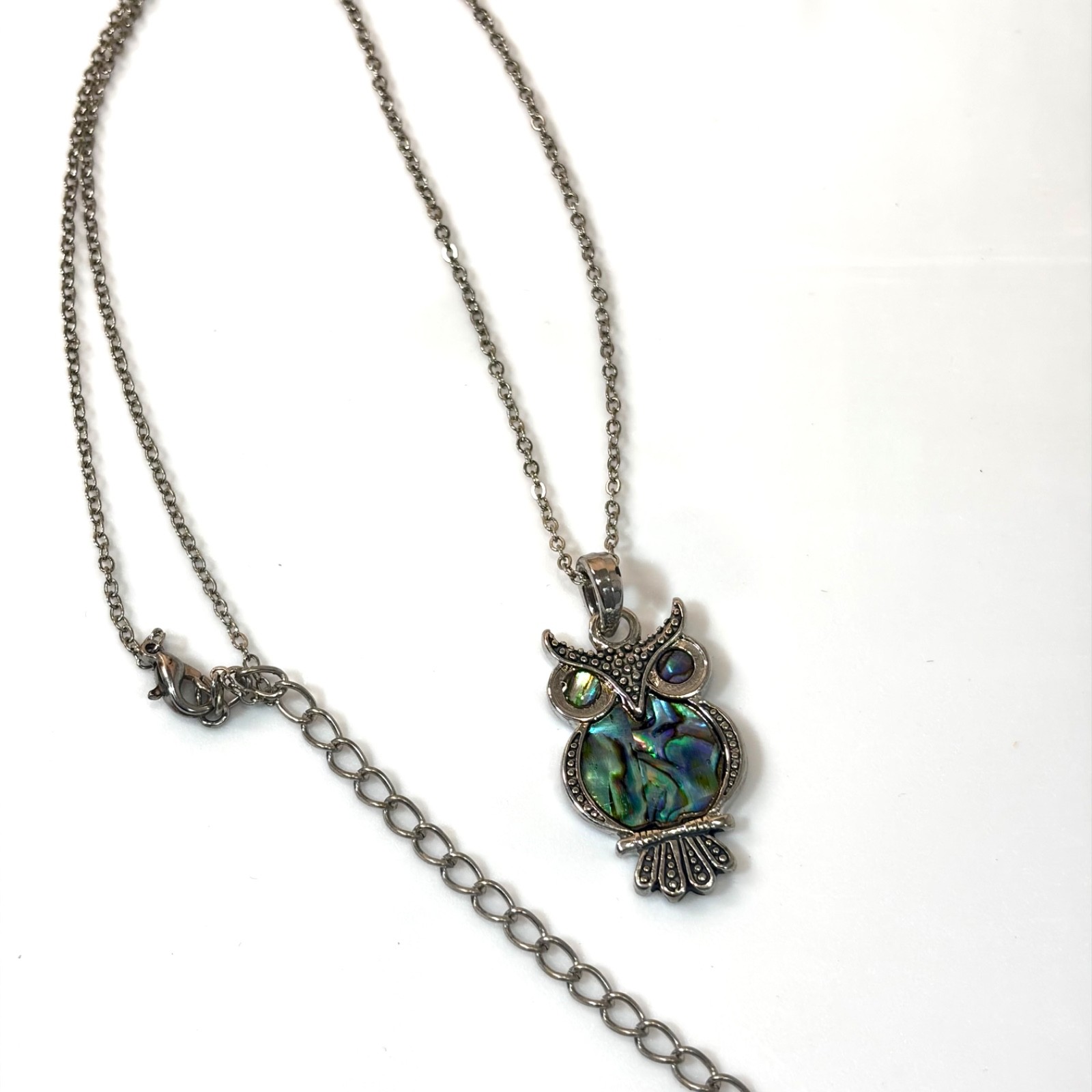Cute Iridescent Abalone Shell Owl Pendant Necklace With Hinged Box