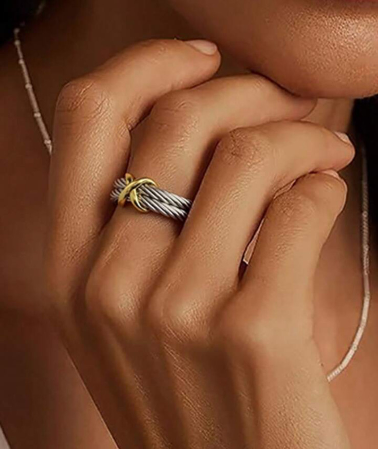 Contemporary Stainless Steel Cable Ring Gold Crisscross Accent
