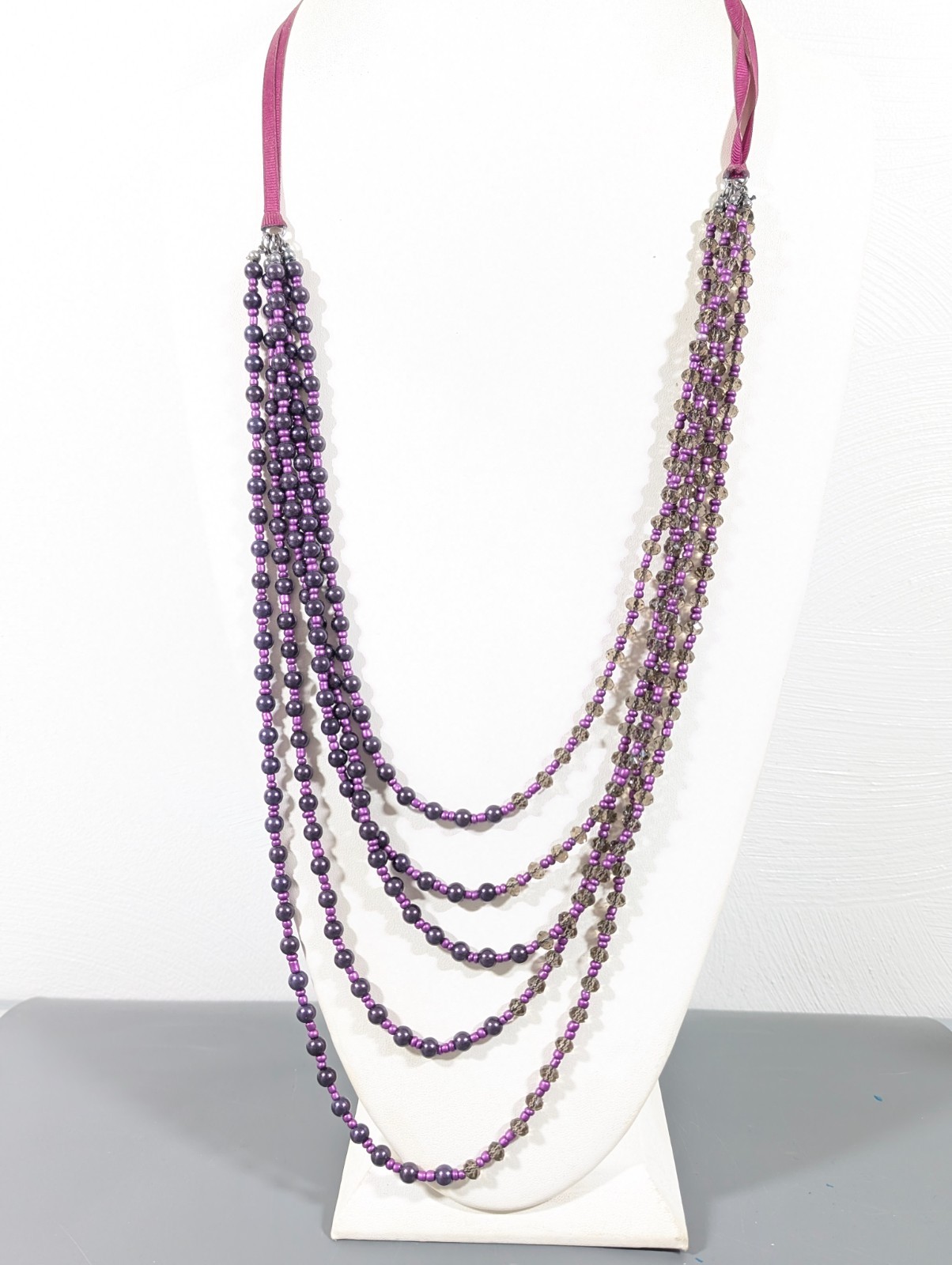 Lane Bryant Purple Faux Pearl Bead Layered Ribbon Necklace 35 in