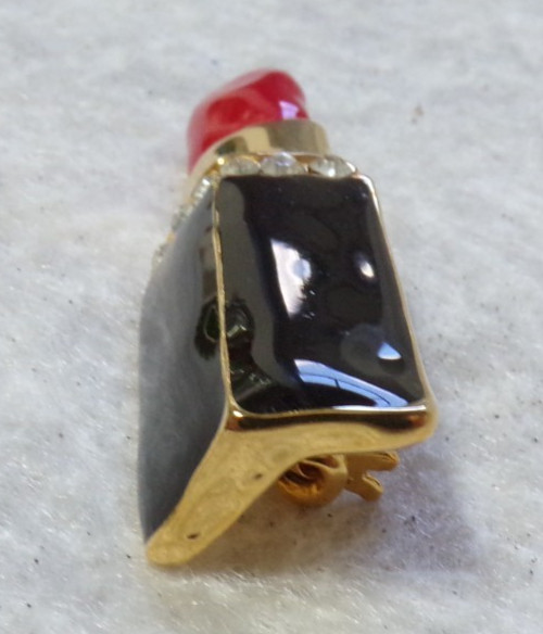 RED LIPSTICK CASE VINTAGE PIN JEWELRY BROOCH GOLD TONE METAL WITH WHITE ZIRCONIA