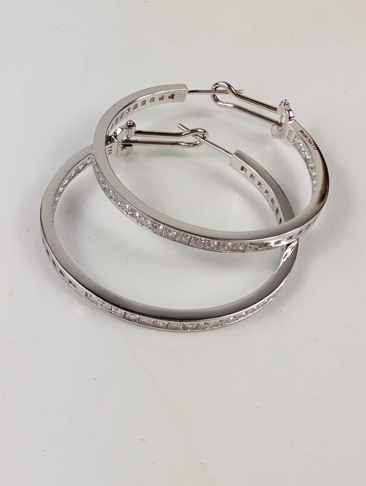 Milor Italy 925 Silver Cubic Zirconia CZ Hoop Leverback Earrings 1.75″ 11 Grams
