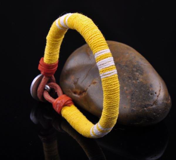 S471 Surfer Cotton Wrap Leather Men’s Leather Wristband Bracelet Cuff Yellow B