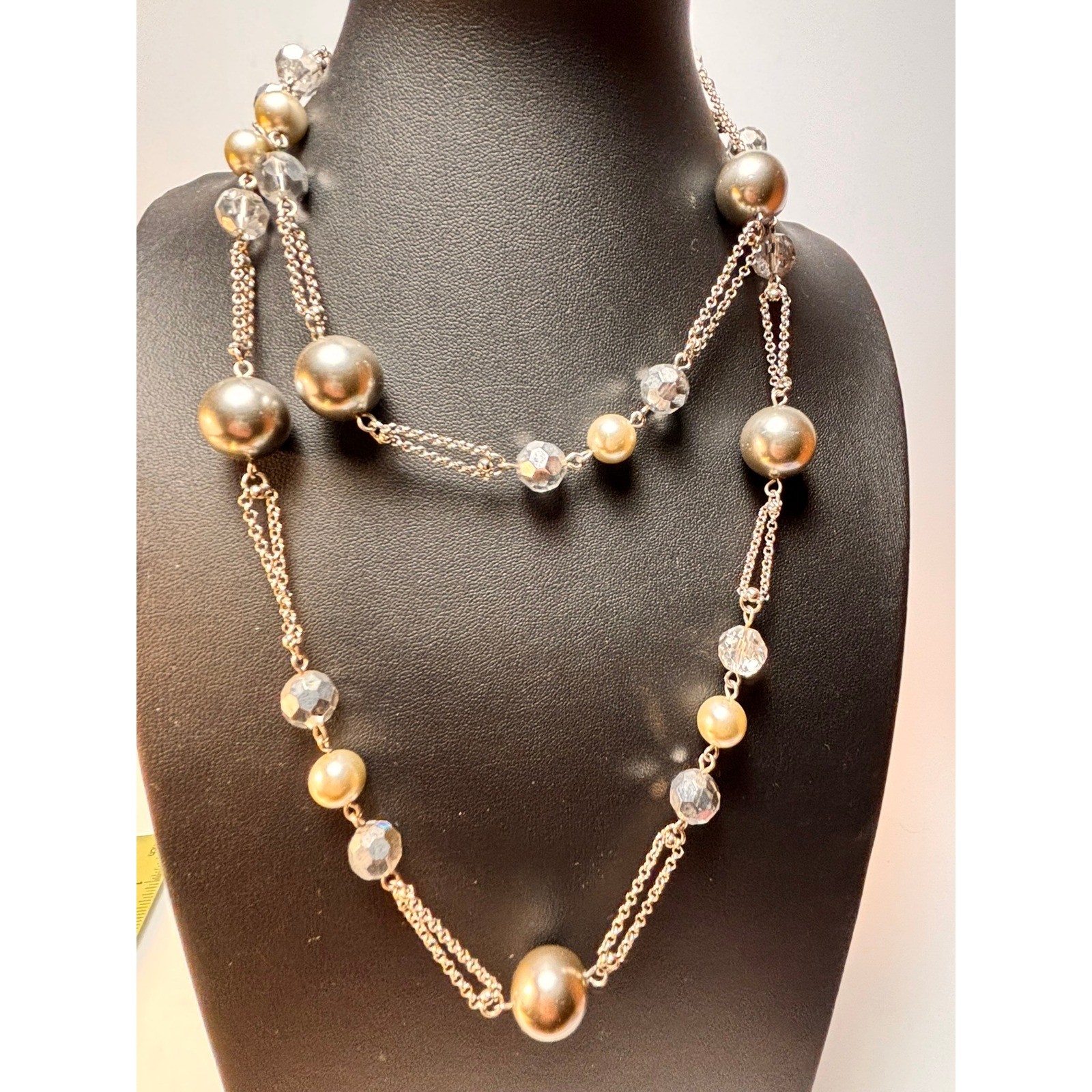 Carolee Long Multi-Strand Necklace Silver Faux Pearl Crystal Beaded BX523