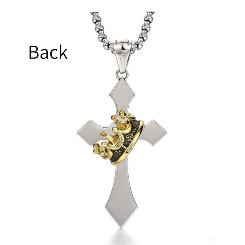 Mens Stainless Steel Cross Necklace with Gold Crown Pendant Christian Jewelry US