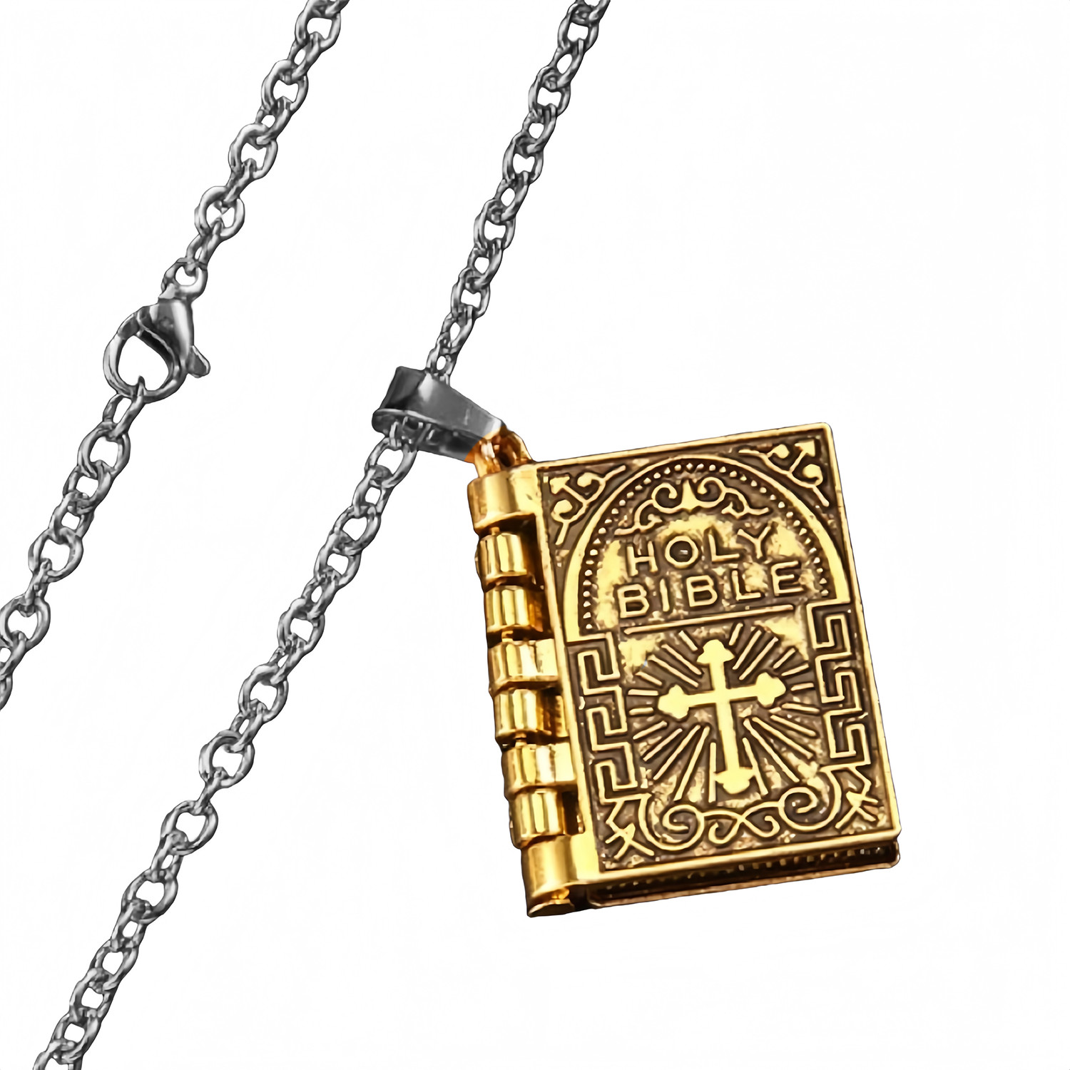 Bible Book Pendant Necklace Vintage Silver Cross Unique Jewelry For Men Women US