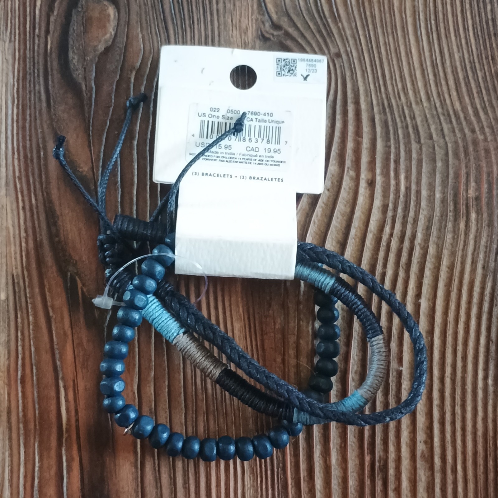 American Eagle 3 Bracelets Set Blue Beaded Wrap Adjustable Cord Wood