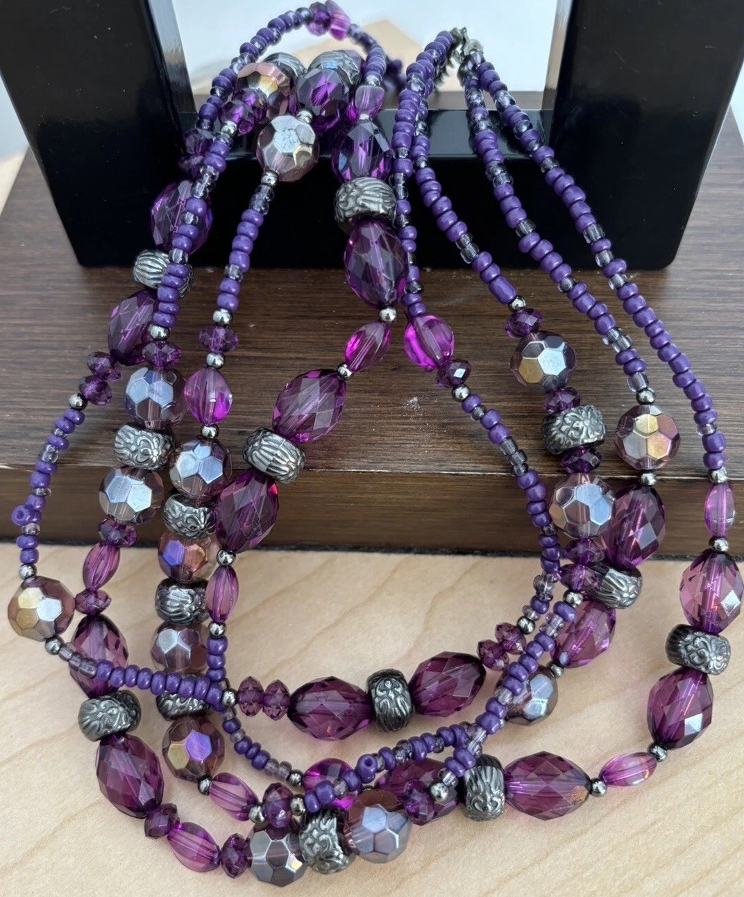 Purple Color Beaded Necklace~Faceted Beads_ Gun Metal Tone~ Very Good Condition