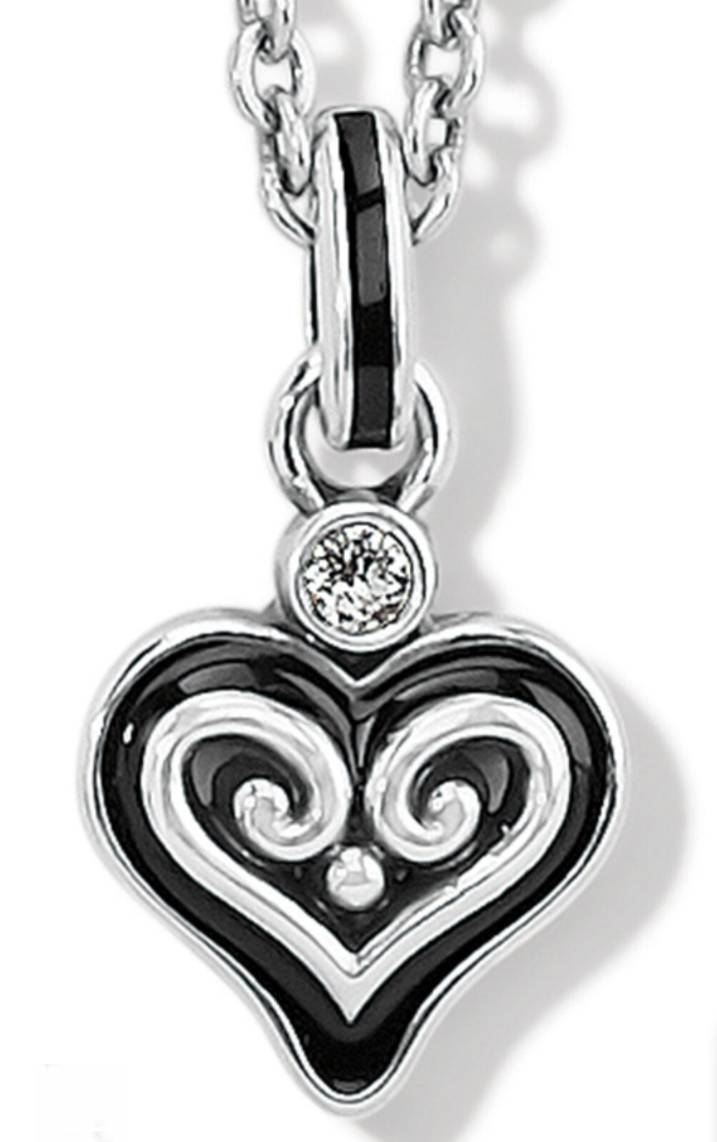 Brighton Silver Black Enamel Crystal Alcazar Mystique Heart Pendant Necklace NWT
