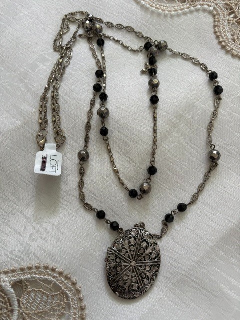Ann Taylor LOFT 29” Double Chain Silvertone Filigree Necklace with Locket, 1.75″