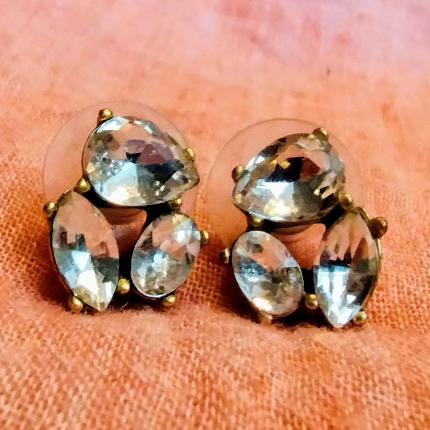 Vintage J.Crew Rhinestone CZ Crystal Gold Brass Tone Cluster Stud Earrings