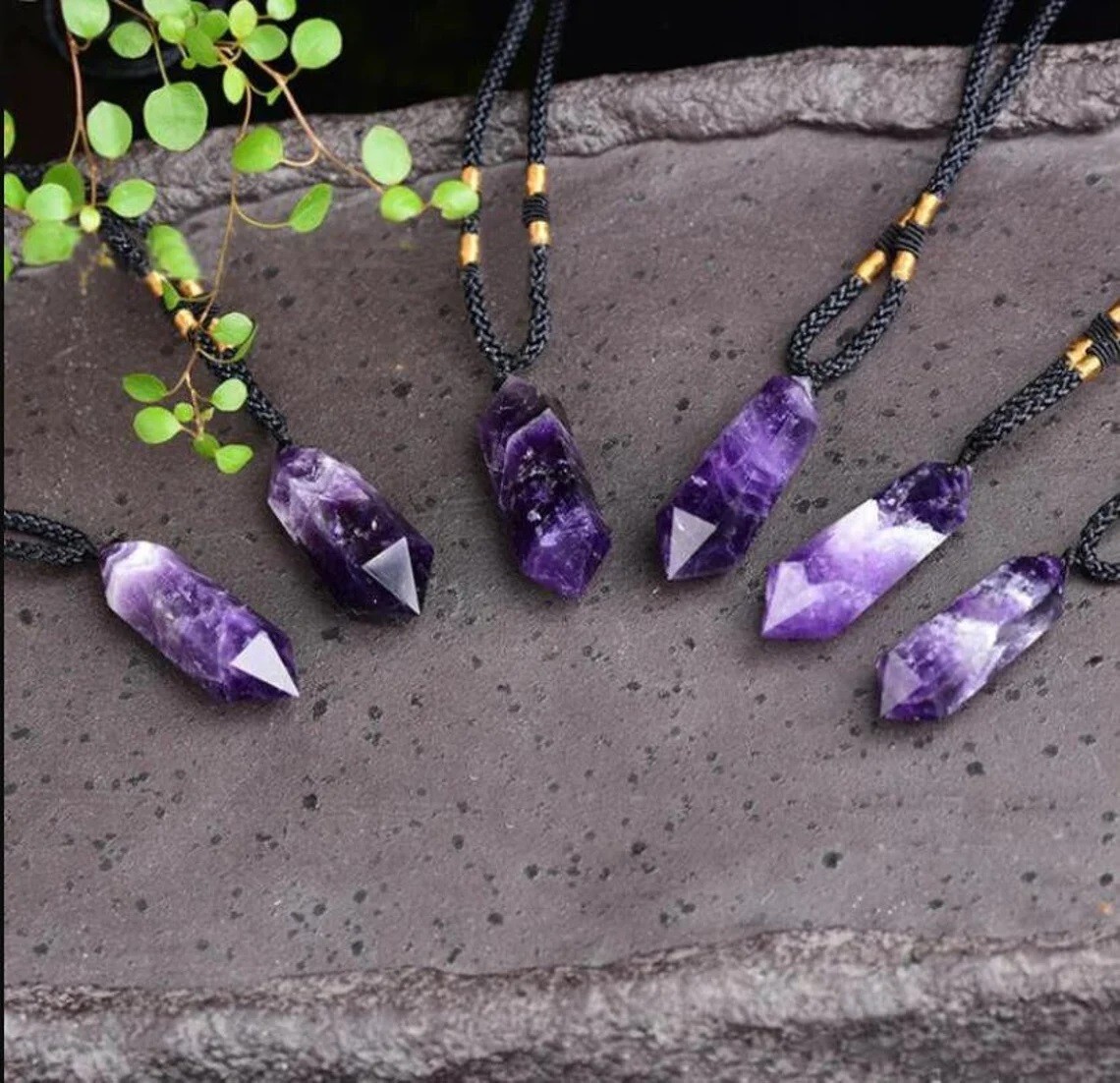 Natural Amethyst Crystal Hexagon Point Pendant Necklace Purple Gemstone Charm