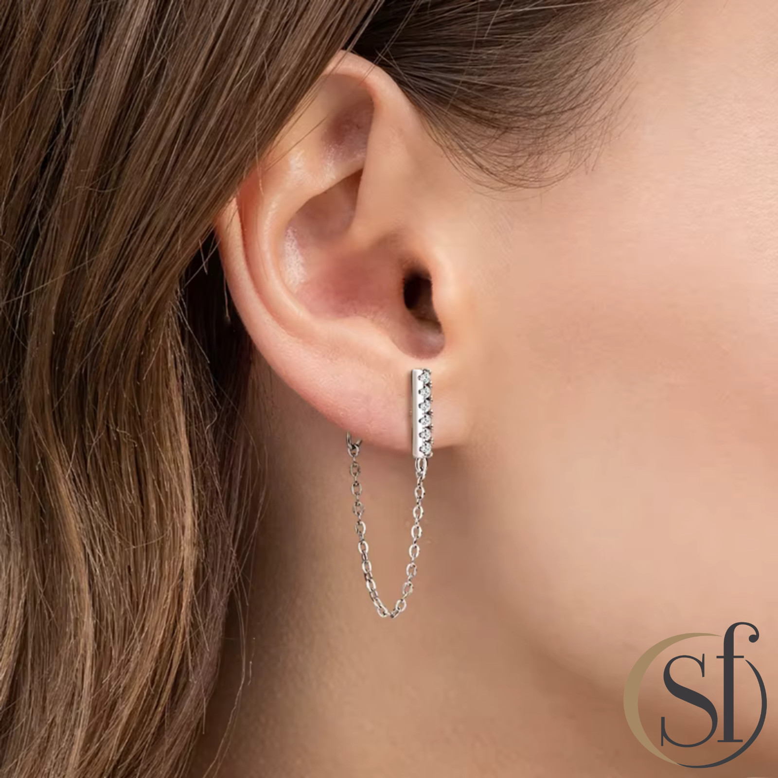 Moissanite Bar Chain Drop Earrings | Sterling Silver | 14K White or Yellow Gold